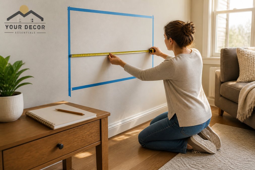 A person kneeling on a hardwood floor holding a retractable tape measure against a living room wall, painter's tape marking a rectangle outline, a notebook and pencil resting on a nearby wooden side table, soft afternoon light through a window