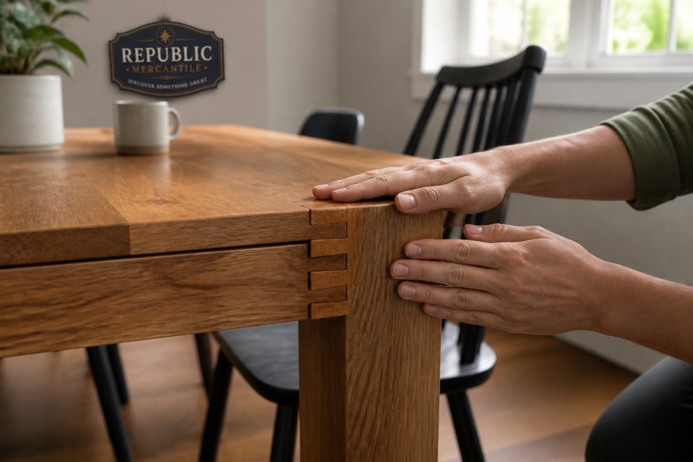 Diagram showing dovetail joinery on high quality furniture to check for solid wood construction and craftsmanship.