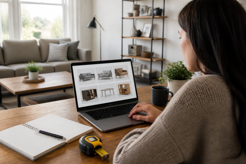 A shopper at a desk comparing furniture listings on a laptop, with a tape measure and notebook nearby, in a bright living room