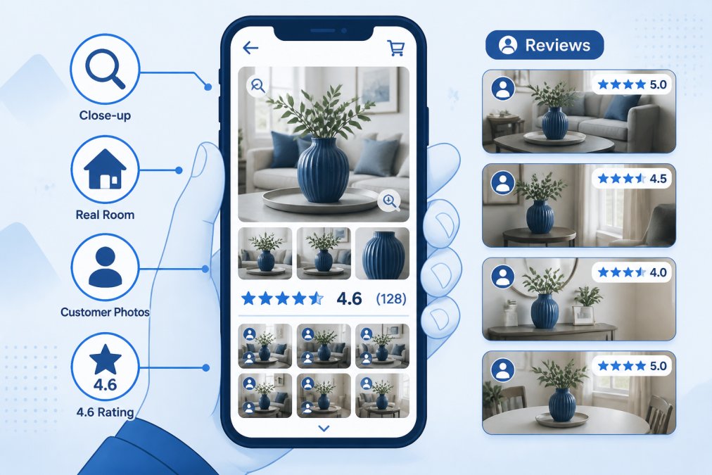 Person holding smartphone displaying close-up photos of home decor products in actual living rooms, with multiple customer review images visible on screen showing real home settings with natural lighting
