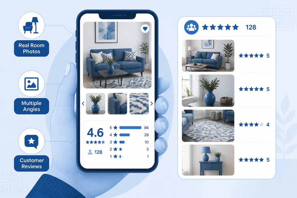 Professional illustration showing buying home decor online safely