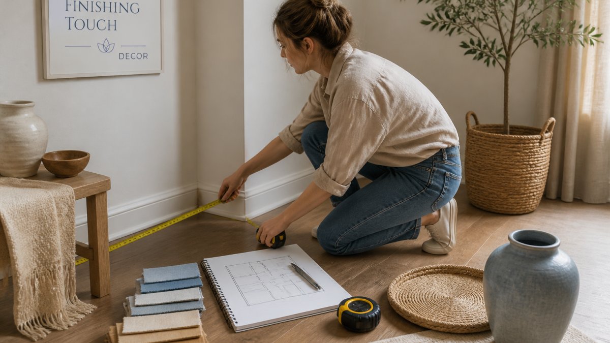 Person using a tape measure to measure a room corner, with a notebook and floor plan sketch visible on the floor beside them