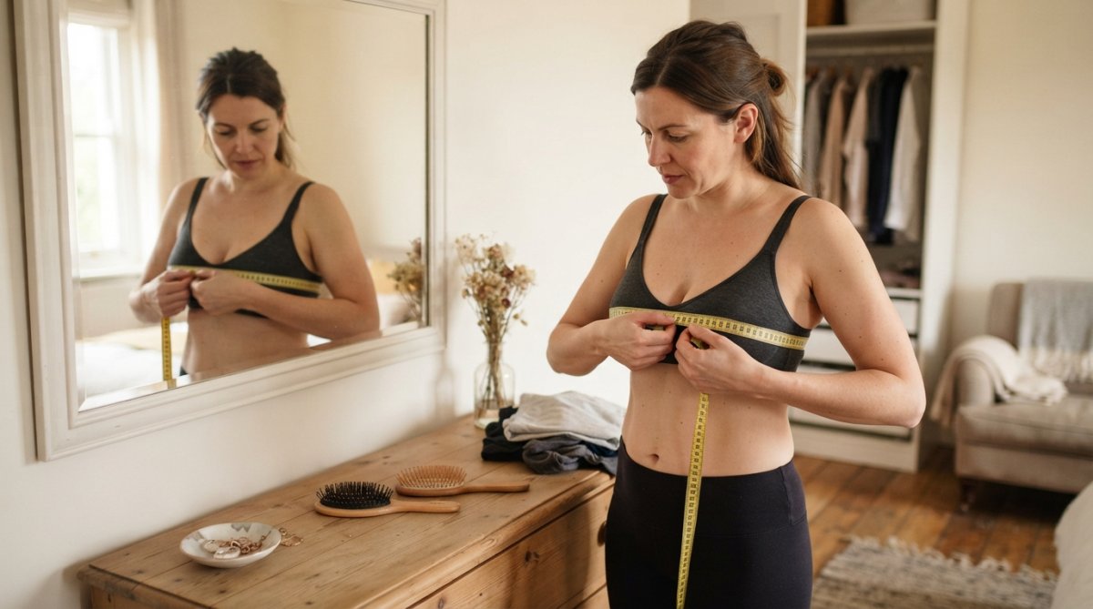 Woman measuring her bust and band size with a soft measuring tape, standing in front of a mirror in natural light, wearing a simple bra for clarity