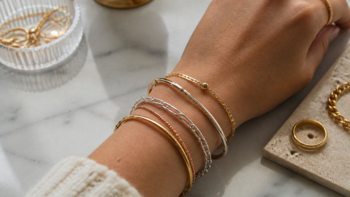 Close-up of a woman's wrist displaying several mixed metal jewelry pieces including gold, silver, and rose gold bracelets and bangles on a marble surface
