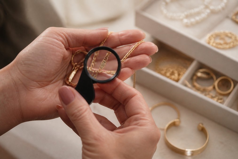 Close-up of a person's hands holding a gold necklace up to the light, examining the hallmark stamp with a small magnifying loupe, soft-focus jewelry box in the background