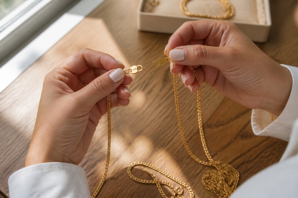 Close-up of hands comparing two gold necklaces under bright natural window light on a wooden table, one showing a clear stamp on the clasp