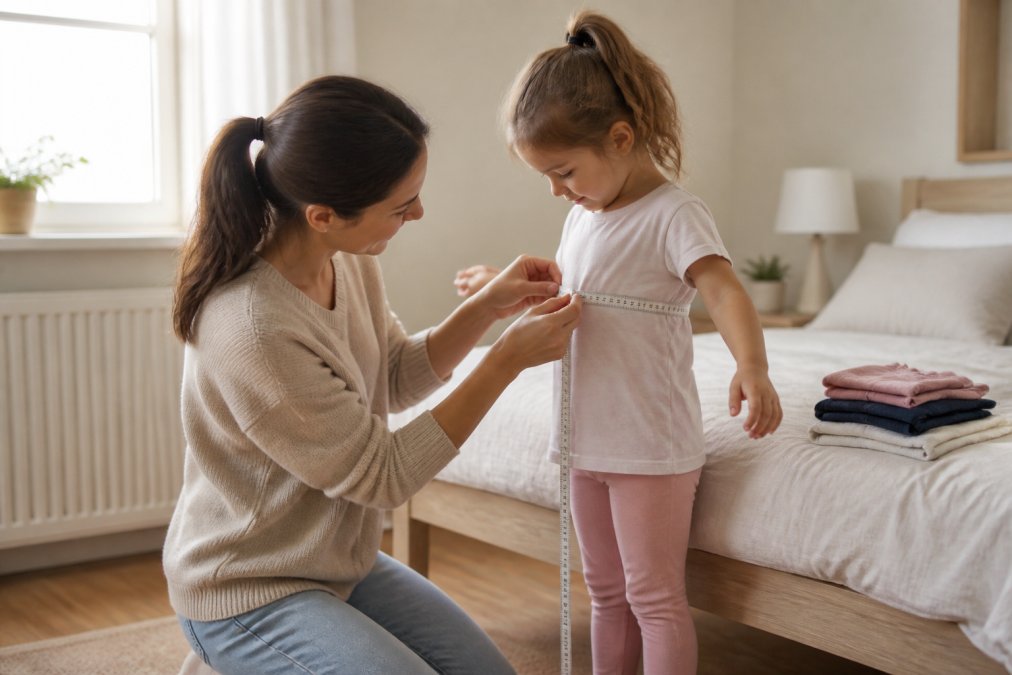 Parent using a measuring tape on a child to ensure accuracy when buying kids clothes online