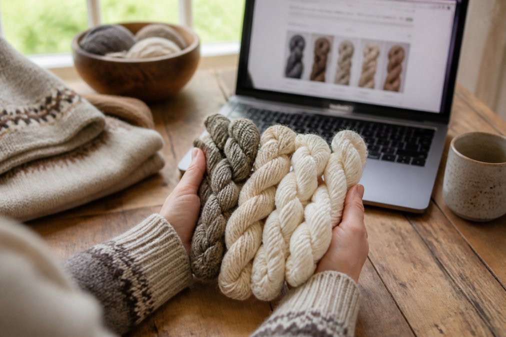 Diagram illustrating the color matching process for buying knitting yarn with natural wool samples and online listings