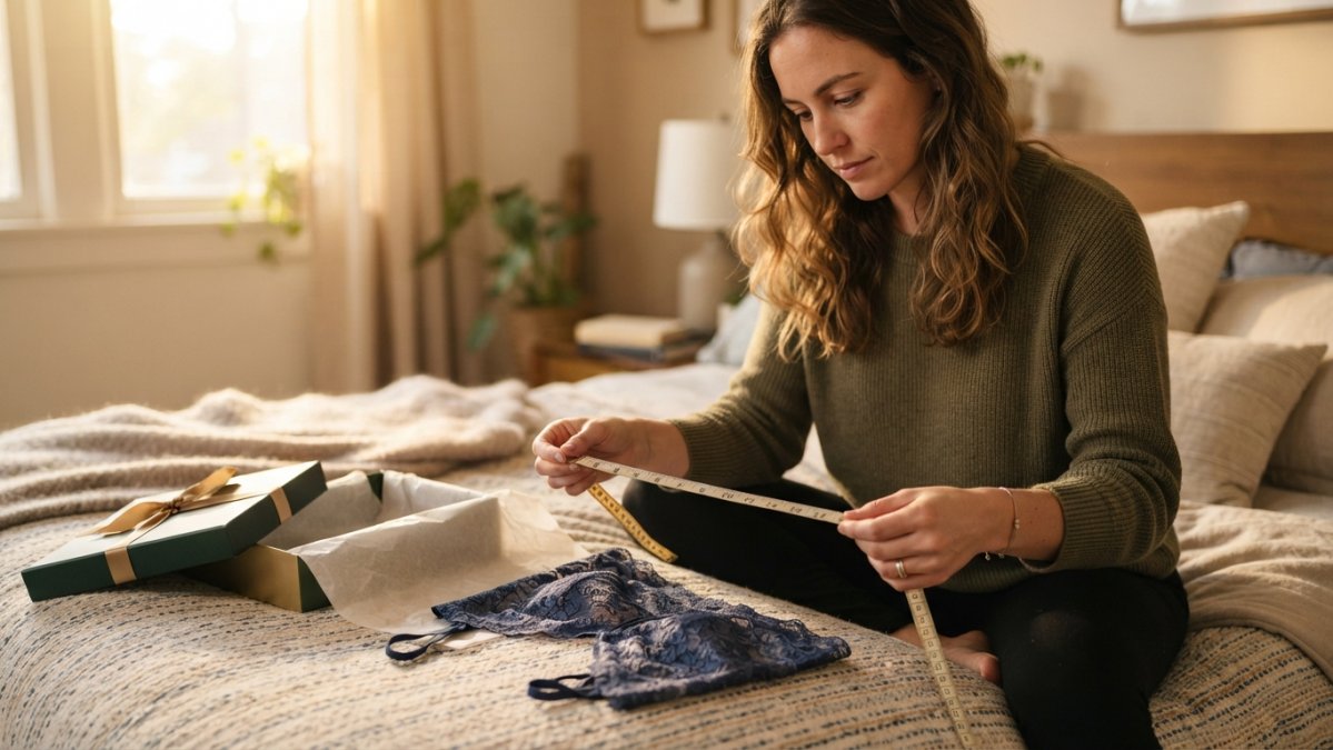 A woman's hands holding a soft measuring tape next to a folded lace bralette on a bed, with a gift box and tissue paper nearby in a warmly lit bedroom