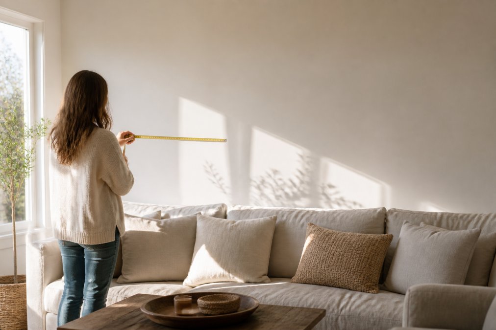 A bright, airy living room with a blank wall above a linen sofa, a person holding a tape measure and studying the space in warm afternoon light
