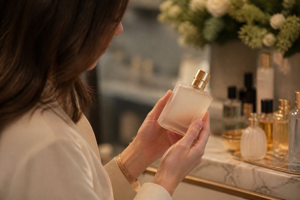 Close-up of hands holding an elegant perfume bottle with soft, warm lighting highlighting the frosted glass and the person's thoughtful expression as they examine the label
