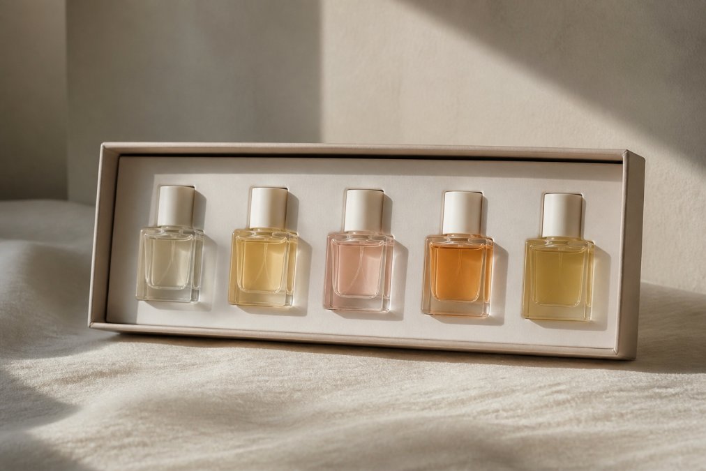 An elegant fragrance discovery set with five delicate glass bottles arranged on a soft neutral surface, each bottle showing a different fragrance color, with subtle lighting highlighting the frosted glass and labels