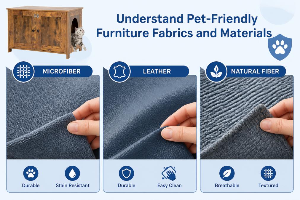 Close-up of different fabric swatches and textures displayed on a surface, showing microfiber, leather, and natural fiber materials side by side with a hand examining the durability and weave of each material