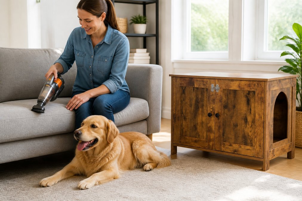 Pet owner vacuuming a modern sofa with a handheld vacuum while a dog sits nearby, demonstrating practical furniture maintenance in a bright, contemporary living room with natural light from windows