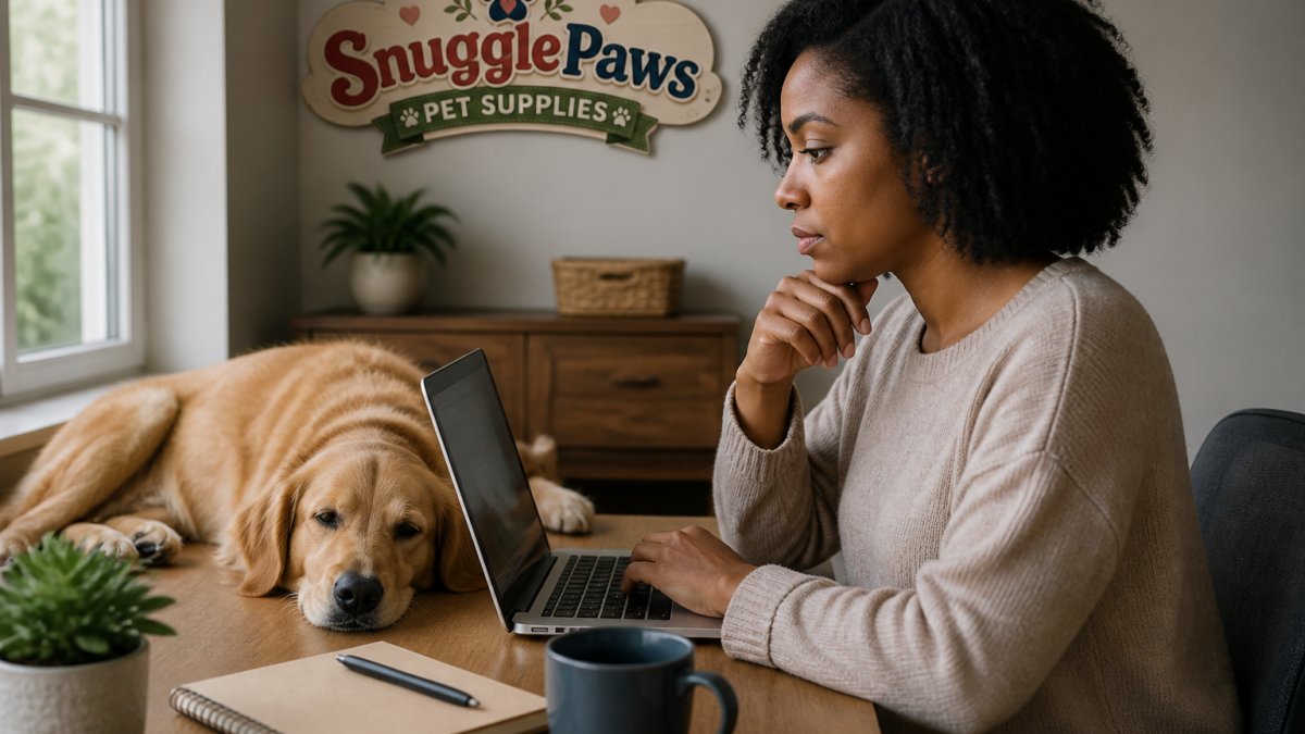 Pet owner reviewing product listings and security badges on a pet supply retailer website on a laptop, with a golden retriever resting nearby on a home office desk