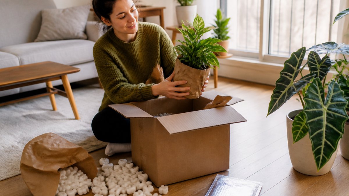 Person in a sunny apartment carefully unboxing a new potted houseplant from a cardboard shipping box.