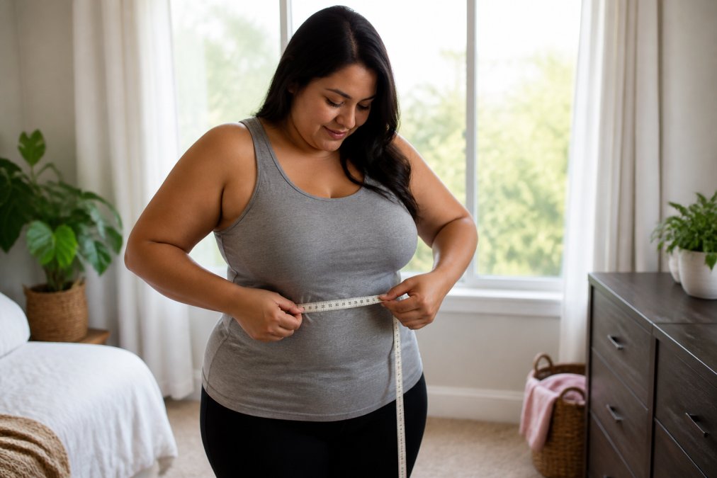 A woman measuring her waist with a soft fabric tape measure, wearing a casual fitted tank top, standing in a well-lit bedroom with natural window light behind her