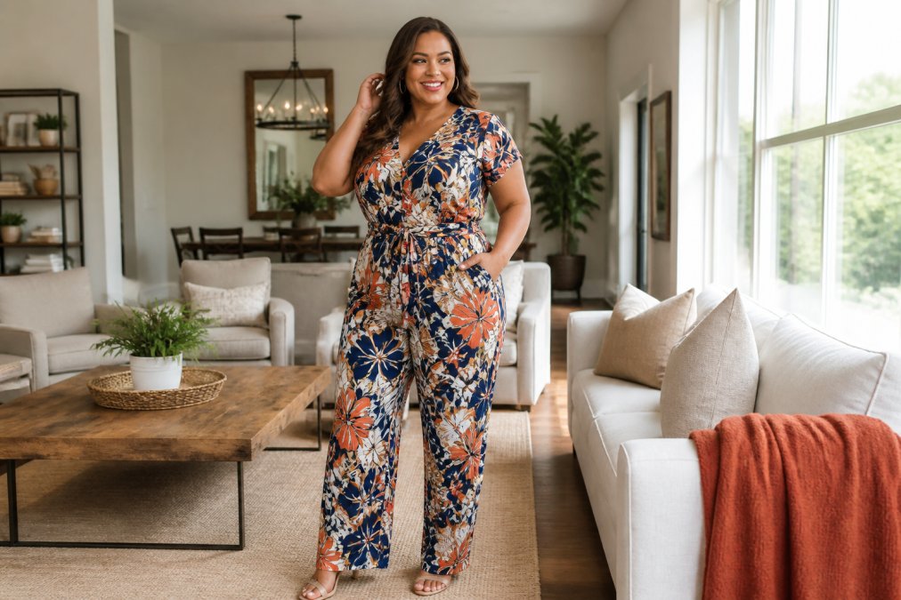 A confident plus-size woman wearing a bold printed jumpsuit with a defined waist, smiling and posing in a bright modern living room with large windows and warm natural light