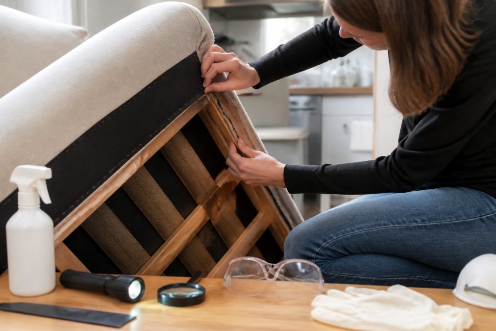 Close-up of hands carefully examining the underside and seams of an upholstered armchair, checking fabric and joints for signs of infestation in natural daylight