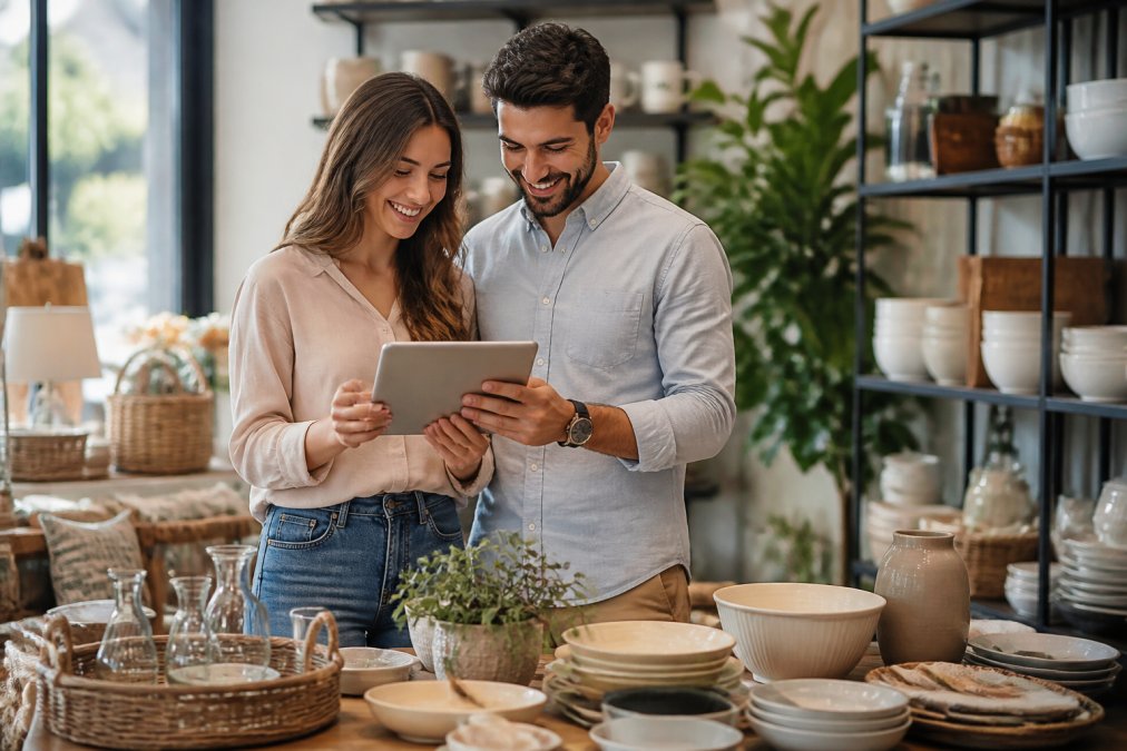 A couple browsing curated home decor and gift items together on a tablet, surrounded by thoughtfully arranged lifestyle products and home furnishings in warm natural lighting