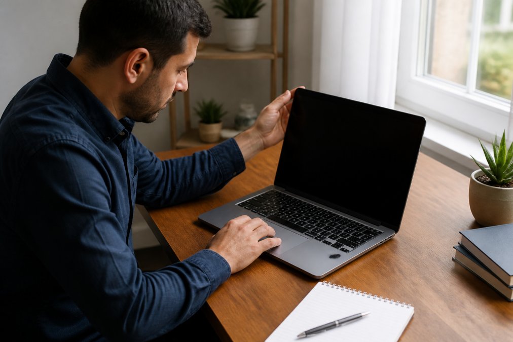 A person inspecting a refurbished laptop at a wooden desk, checking the screen and keyboard with a notepad and pen nearby in a bright home office