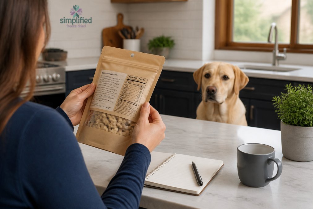 A close-up of a person's hands holding a pet treat package, examining the ingredient label in a bright kitchen with a dog sitting patiently nearby