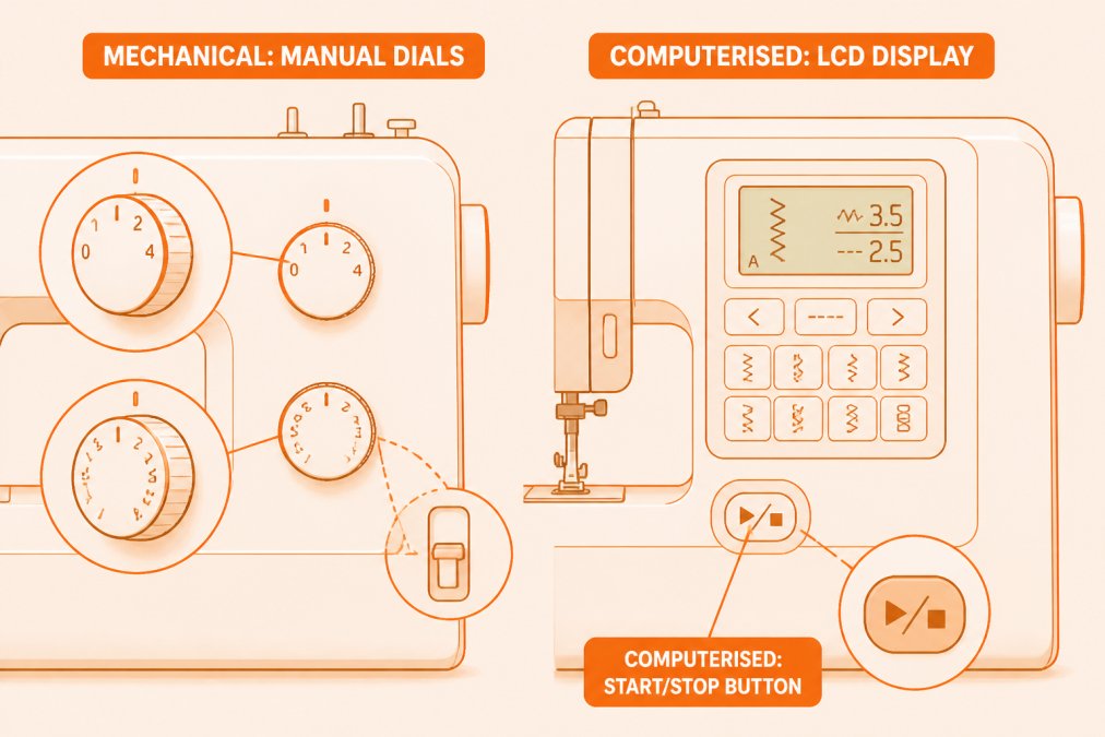 Pencil sketch diagram comparing a mechanical machine's dial-and-lever control panel against a computerised machine's LCD screen with stitch selection buttons, labelled "Mechanical: manual dials", "Computerised: LCD display", "Computerised: start/stop button"