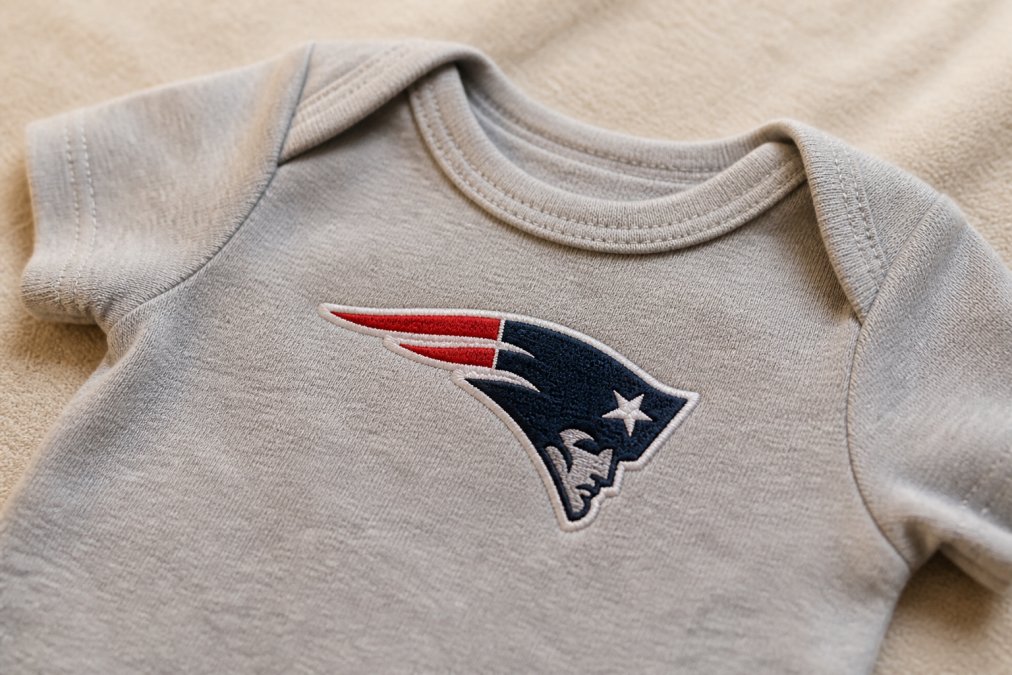 Close-up of a soft baby onesie with custom team embroidery showing tight, reinforced stitching and secure logo placement on neutral background with warm natural lighting