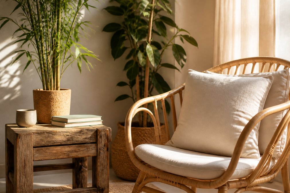 Infographic showing sustainable home decor materials like reclaimed wood, bamboo, cork, rattan, and organic cotton.