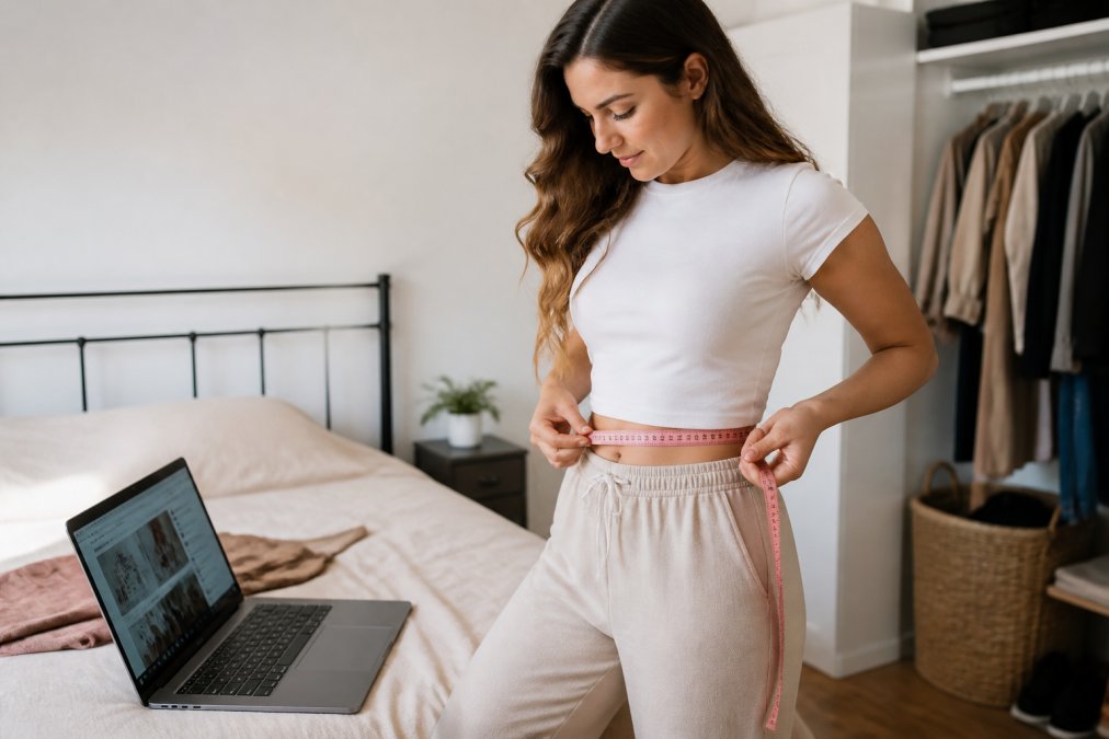 A woman in a bright bedroom holding a soft measuring tape around her waist, with a laptop open on the bed showing an online clothing size chart