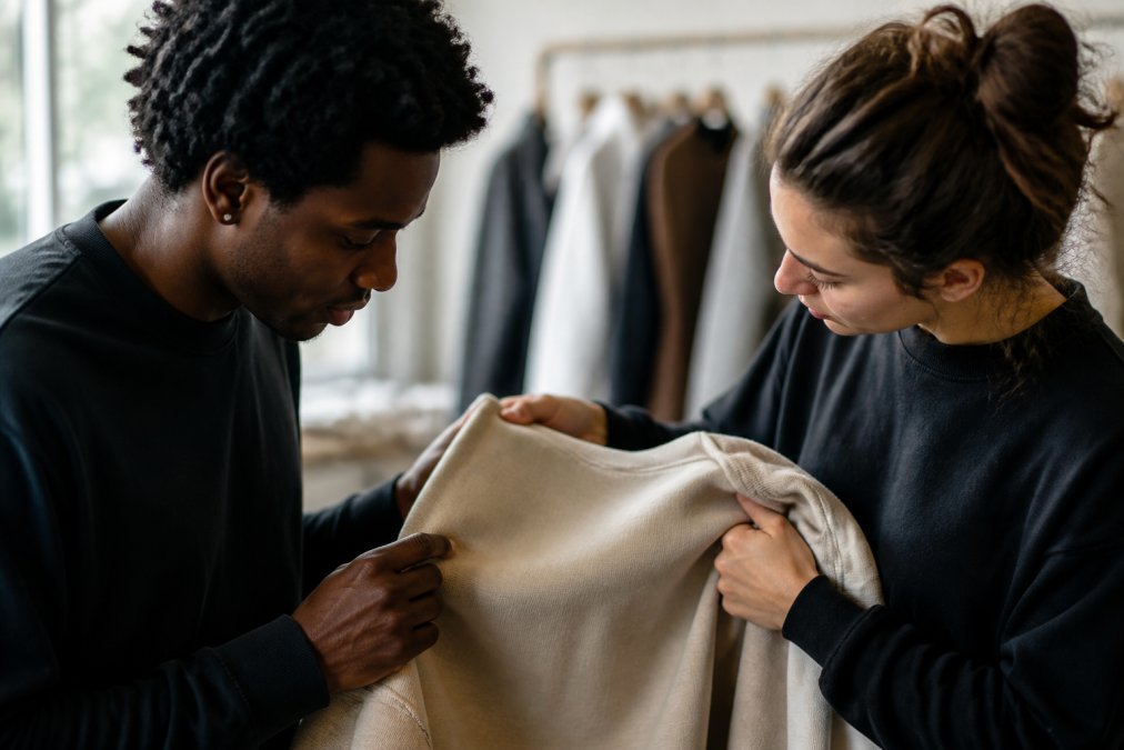 Close-up of hands examining luxury fabric textures, feeling the weave and density of premium cotton-polyester blend, with natural light highlighting the fabric's surface detail and seam construction