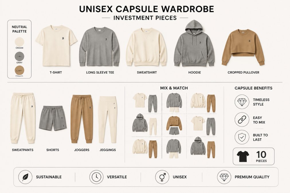 Carefully arranged collection of neutral-toned unisex luxury basics on a clean white surface, showing coordinating pieces in cream, gray, and camel that mix and match together