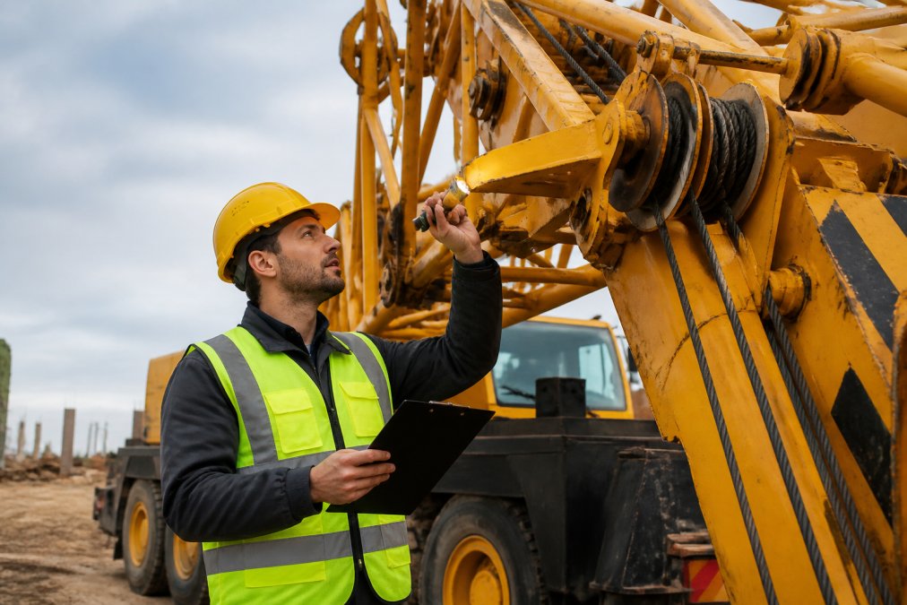 Process diagram showing steps for technician and hard and hat concepts for buying used cranes