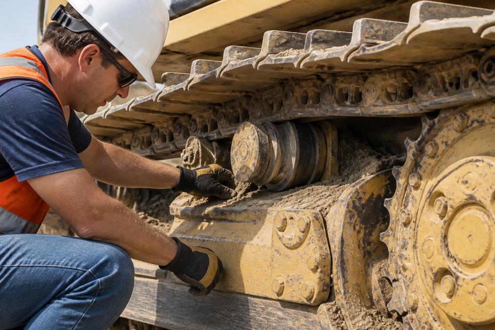 Close-up of a dozer undercarriage during inspection, showing track tension, pins and bushings, sprocket assembly, and wear indicators under bright daylight