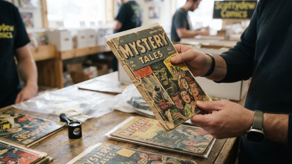 Close-up of hands carefully examining a vintage comic book cover and spine, showing age spots and creasing under bright natural light