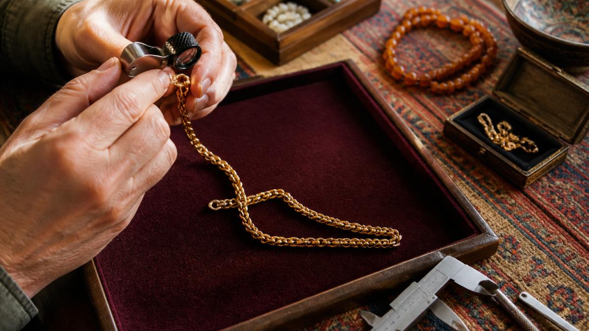 Close-up of hands using a jeweler's loupe to inspect hallmarks on the clasp of an antique gold necklace on a velvet tray
