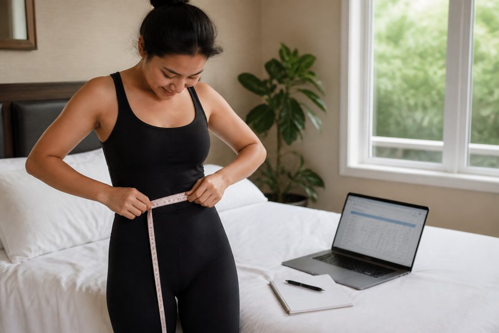 A woman standing in a bright bedroom holding a soft measuring tape around her waist, with a notebook and laptop showing an online clothing size chart on the bed nearby