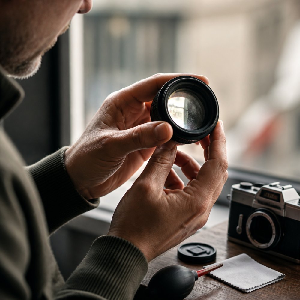 Close-up of a person holding a vintage camera lens up to a window, inspecting the glass for haze and scratches, with soft natural light falling across the lens