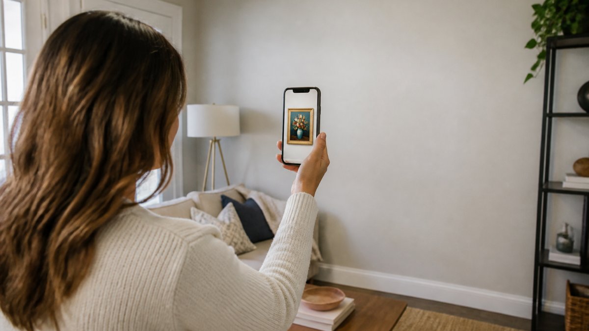 A person holding a smartphone up to a blank living room wall, viewing a framed painting through an augmented reality preview on the screen, with a sofa and lamp visible nearby