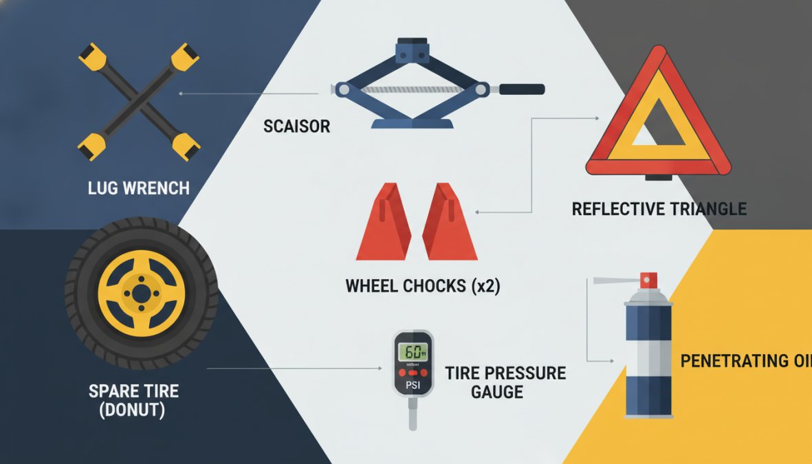 Diagram showing 7 labeled tools for a flat tire change: lug wrench, scissor jack, spare tire (donut), wheel chocks (x2), reflective triangle, tire pressure gauge reading 60 PSI, and penetrating oil can