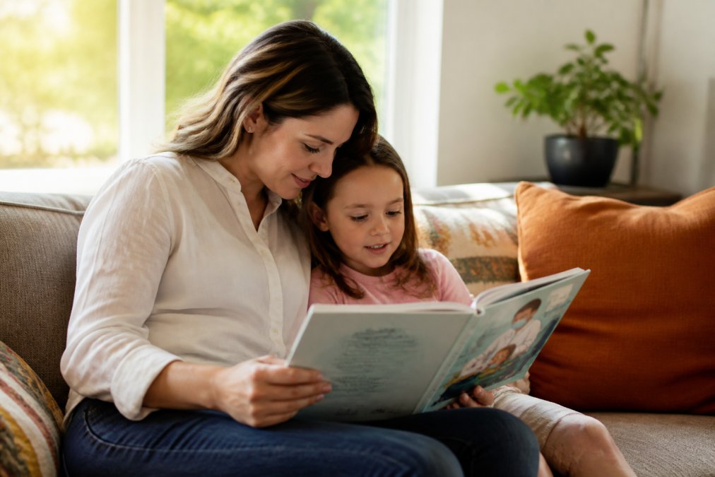 A parent and young child reading a picture book about dentists together on a couch at home, warm afternoon light through a window A parent and young child reading a picture book about dentists together on a couch at home, warm afternoon light through a window