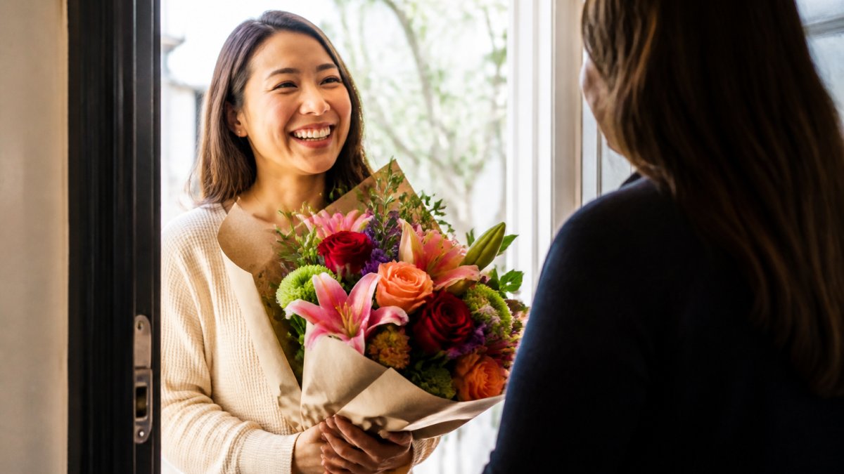 A smiling person receiving colourful birthday flower bouquets at their front door on a bright, sunny day.