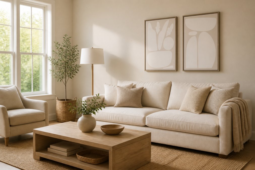 Bright, airy living room with soft beige walls, cream upholstered sofa, light wood flooring, and natural daylight streaming through large windows, creating a calm, foundational aesthetic