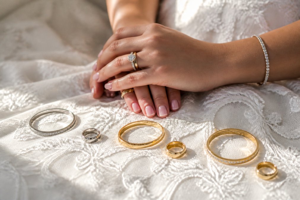 Close-up of a bride's hands displaying different metal wedding jewelry pieces, platinum, 14k gold, and 18k gold rings and bracelets, arranged on white lace fabric with natural morning light