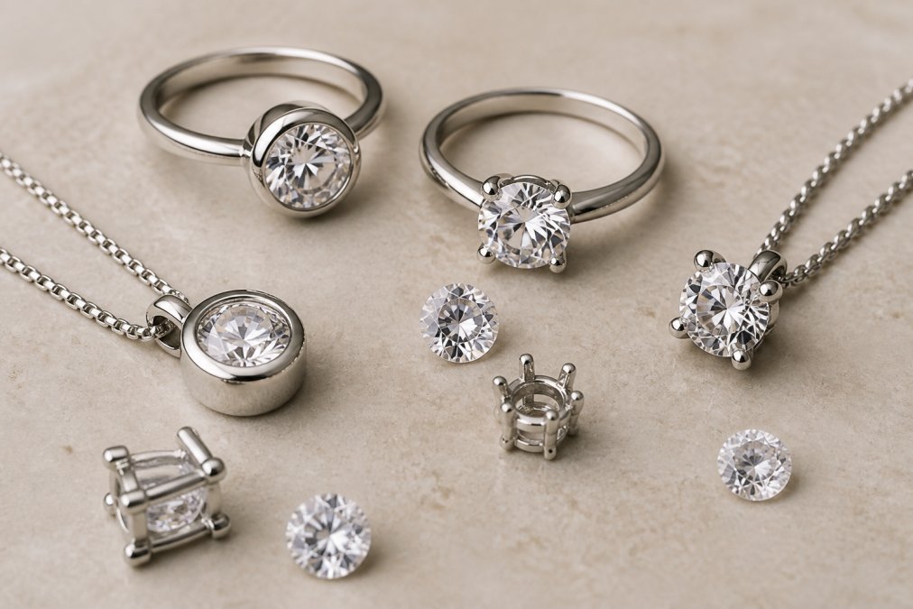 Detailed overhead shot of various gemstone settings displayed on jewelry pieces, showing bezel settings with protective metal rims, prong settings with exposed sides, and tension settings, each demonstrating how the metal secures the stone differently