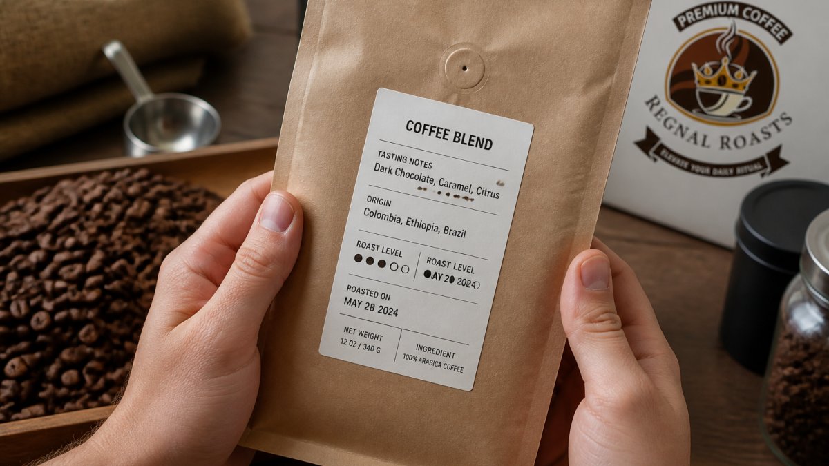 Close-up of hands holding a coffee bag showing roast date label and packaging details, with whole beans visible in the background