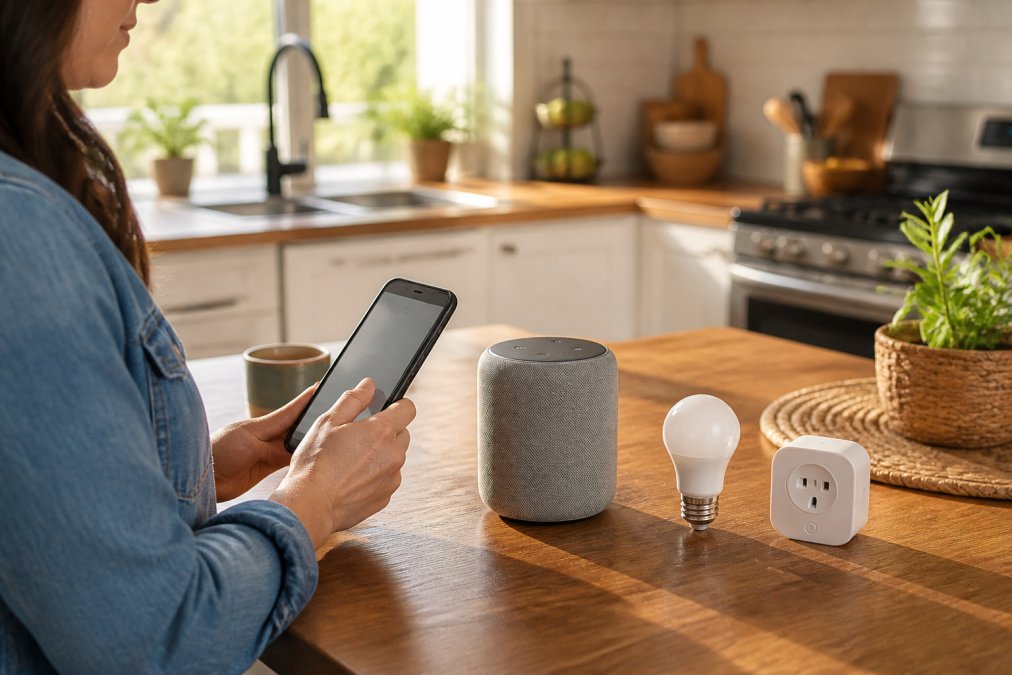 A homeowner holding a smartphone showing a smart home app next to a smart speaker, smart bulb, and smart plug arranged on a wooden kitchen counter, warm afternoon light through a window