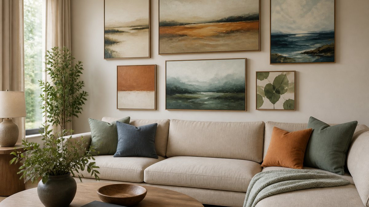 Infographic showing a color palette guide for choosing wall art colors in a modern living room setting
