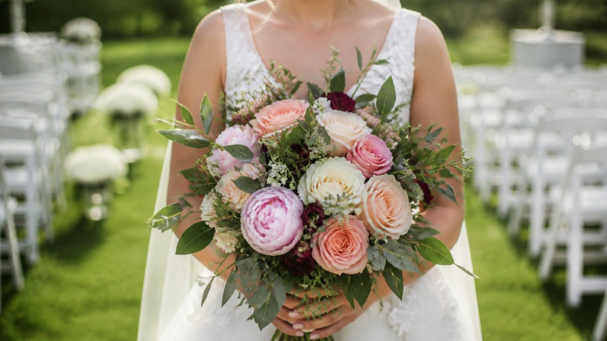 Close-up of bride holding lush bridal bouquet with roses, peonies, and greenery at outdoor garden wedding ceremony with natural sunlight