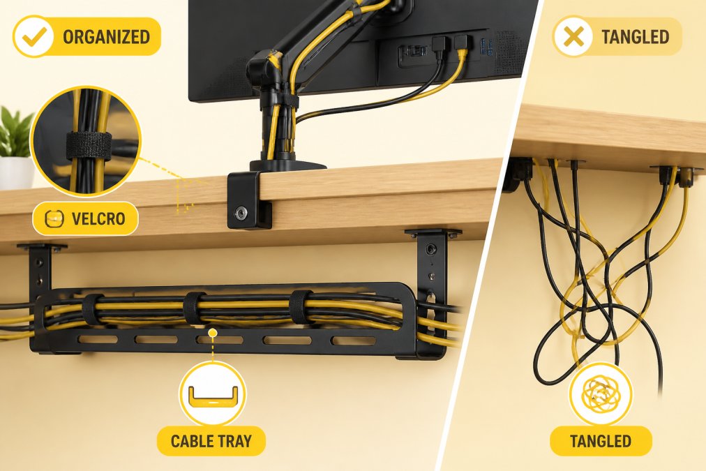 Close-up of a desk workspace showing neatly organized cables bundled with velcro straps and routed through a cable tray beneath the desk, with a monitor arm positioned above and contrast visible between the organized cables and a small tangled section to the side